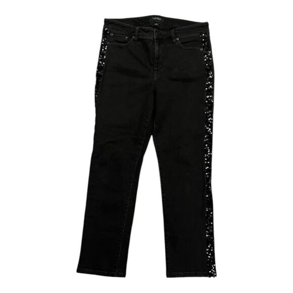 RALPH LAUREN Black Sequin Side Panel Stretch Straight Jeans Size 8 - Picture 2 of 10